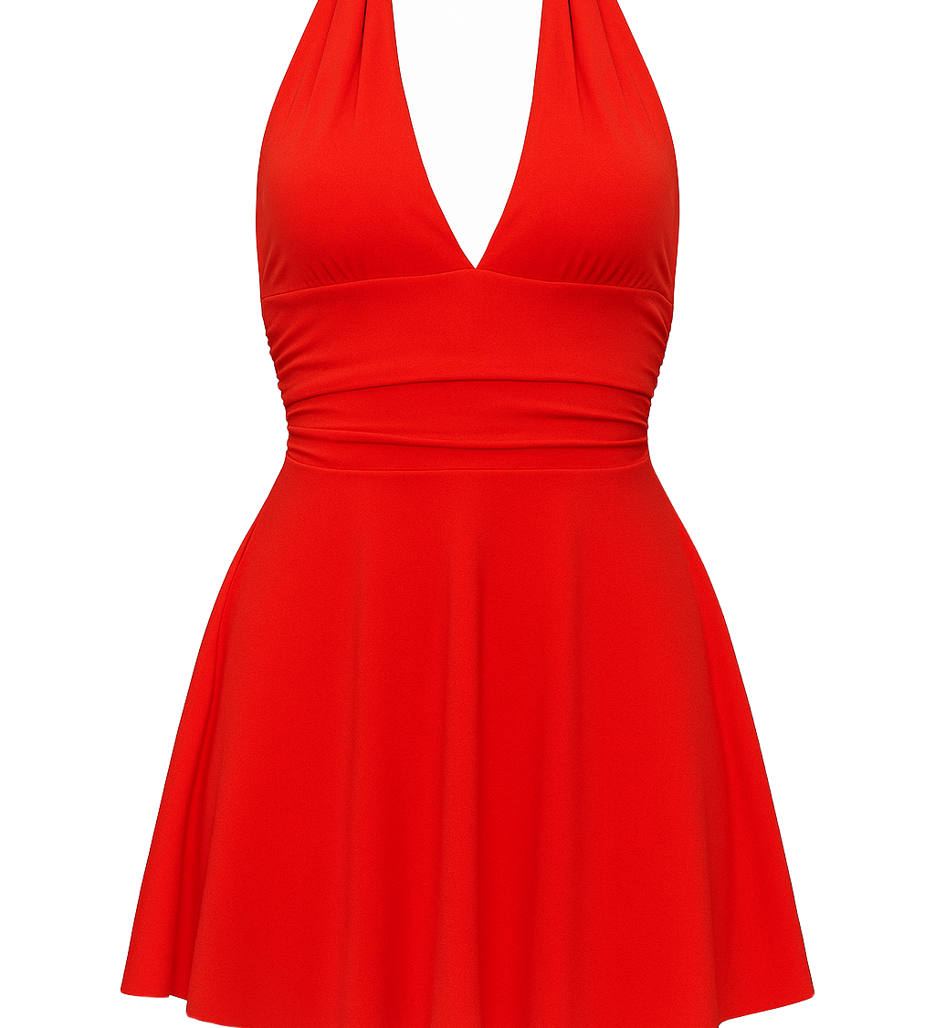 Plunge Halter Skater Dress - Red - front