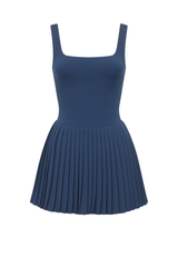 Pleated Square Neck Dress - Navy