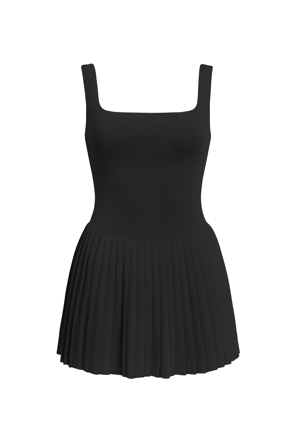 Pleated Square Neck Dress - Black - front