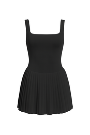 Pleated Square Neck Dress - Black - front