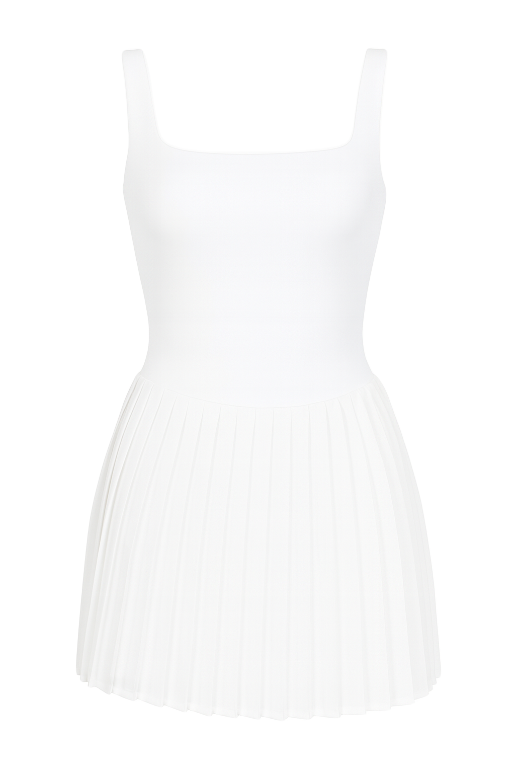 Pleated Square Neck Dress - White - front