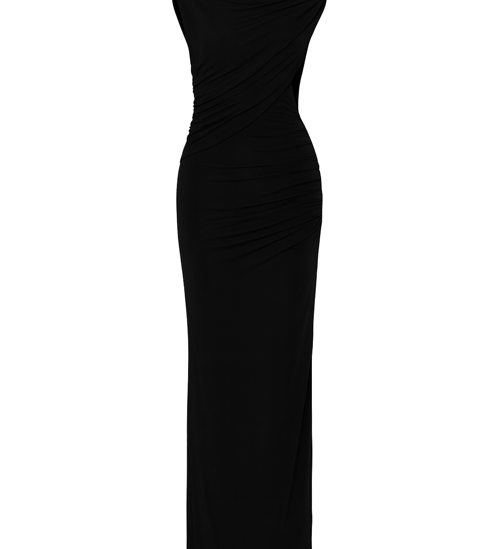 Draped Ruched Maxi Dress - Black - front
