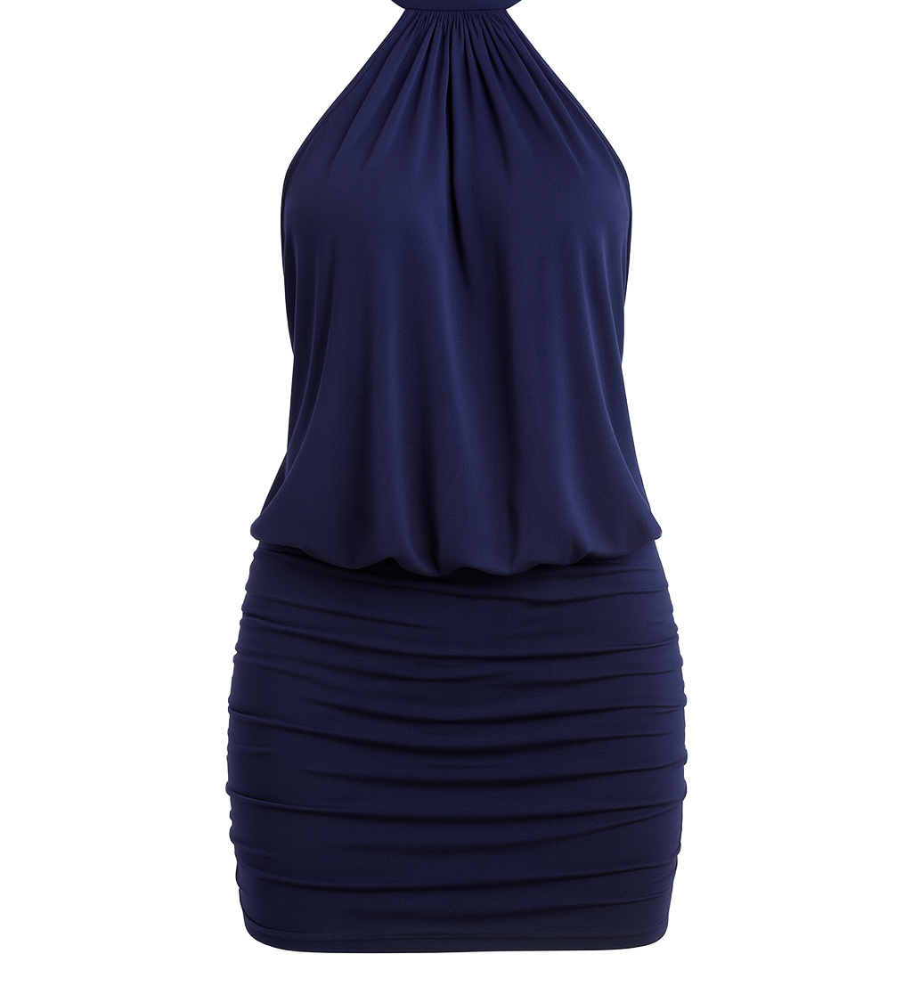 Chic Halter Mini Dress - Navy - front