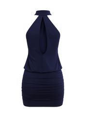 Chic Halter Mini Dress - Navy - back