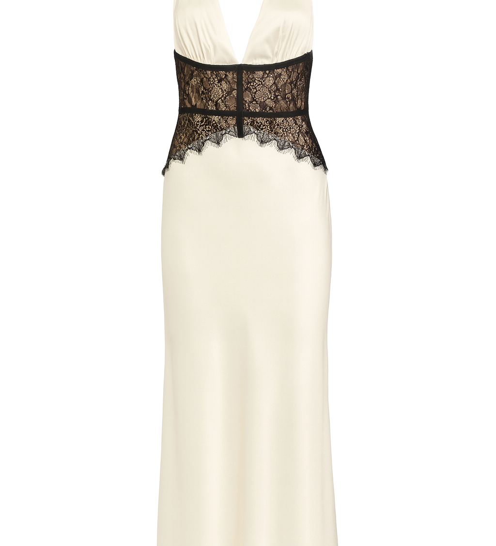 Plunge Lace Halter Dress - Cream - front