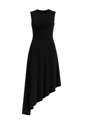 Asymmetrical Midi Dress - Black - front