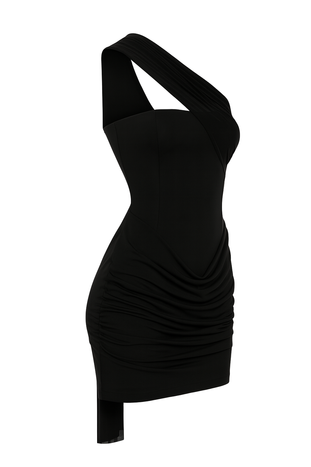 One Shoulder Ruched Dress - Black - side