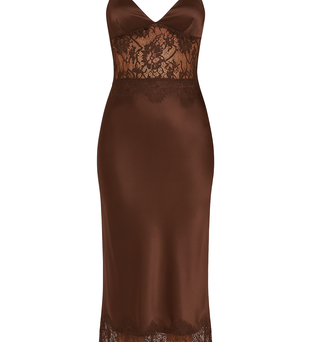 Sheer Lace Midi Dress - Chocolate Brown - front