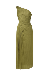 Asymmetric Pleated Midi Dress - Olive Green