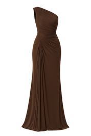 Asymmetric Pleated Midi Dress - Dark Brown - front