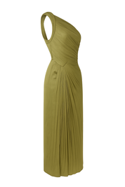 Asymmetric Pleated Midi Dress - Olive Green - side
