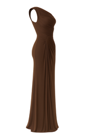 Asymmetric Pleated Midi Dress - Dark Brown - side