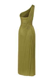 Asymmetric Pleated Midi Dress - Olive Green - back