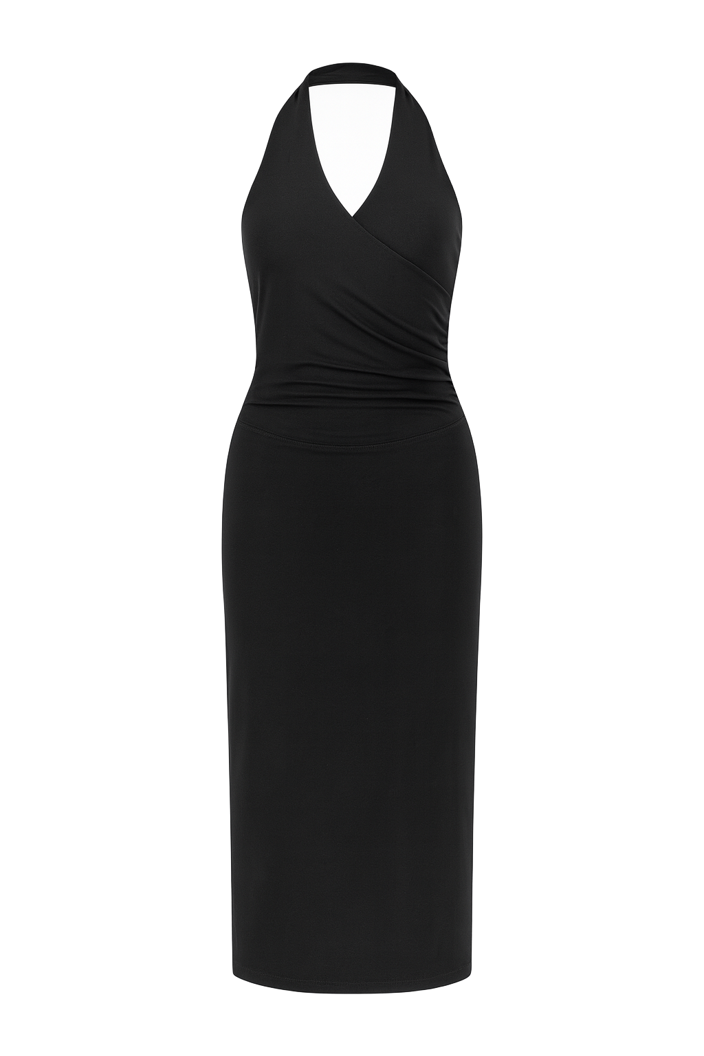 Plunge Halter Wrap Dress - Black - front