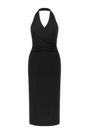 Plunge Halter Wrap Dress - Black - front