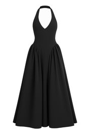 Plunging Halter Midi Dress - Black - front