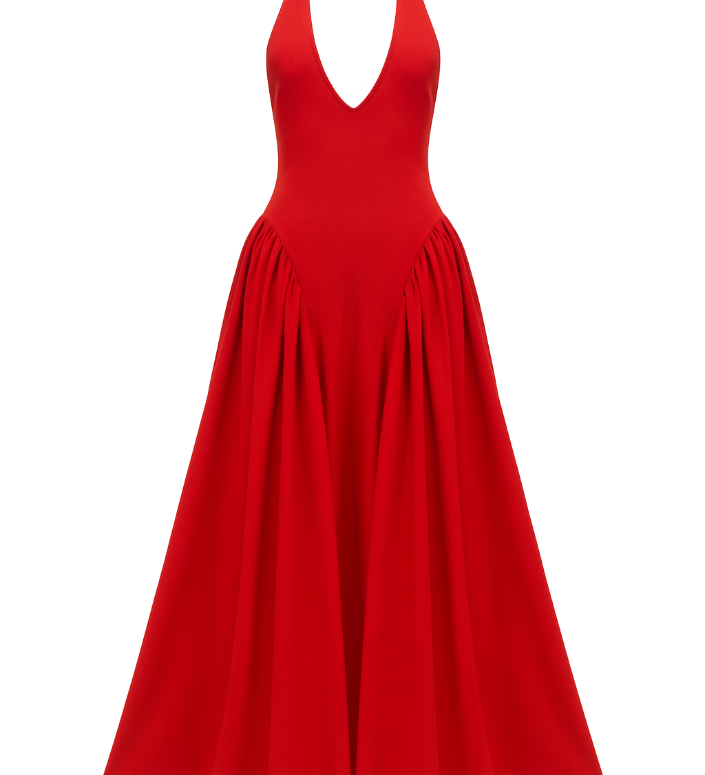 Plunging Halter Midi Dress - True Red - front