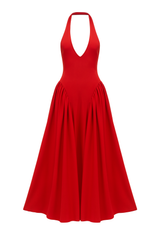 Plunging Halter Midi Dress - True Red