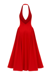 Plunging Halter Midi Dress - True Red - back