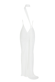Asymmetric Halter Maxi Dress - White - back