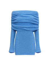 Textured Off Shoulder Dress - Blue Knit - front