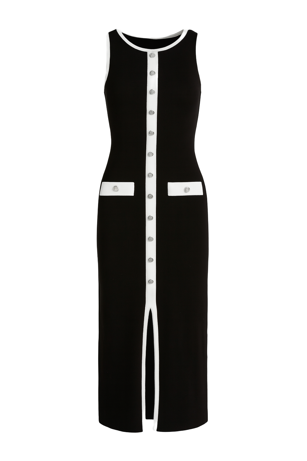 Button Accent Midi Dress - Black with White Trim - front