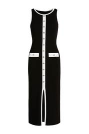 Button Accent Midi Dress - Black with White Trim - front