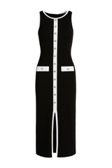Button Accent Midi Dress - Black with White Trim