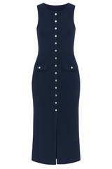 Button Accent Midi Dress - Navy