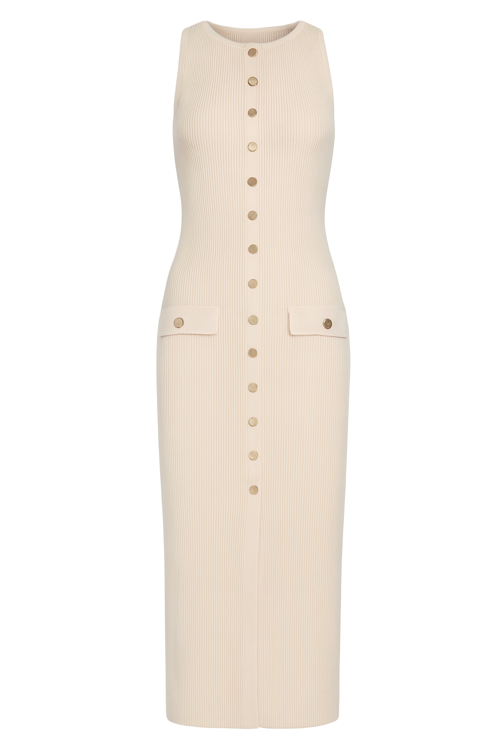 Button Accent Midi Dress - Beige - front