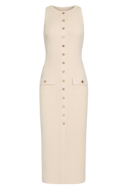 Button Accent Midi Dress - Beige - front