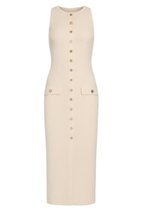 Button Accent Midi Dress - Beige