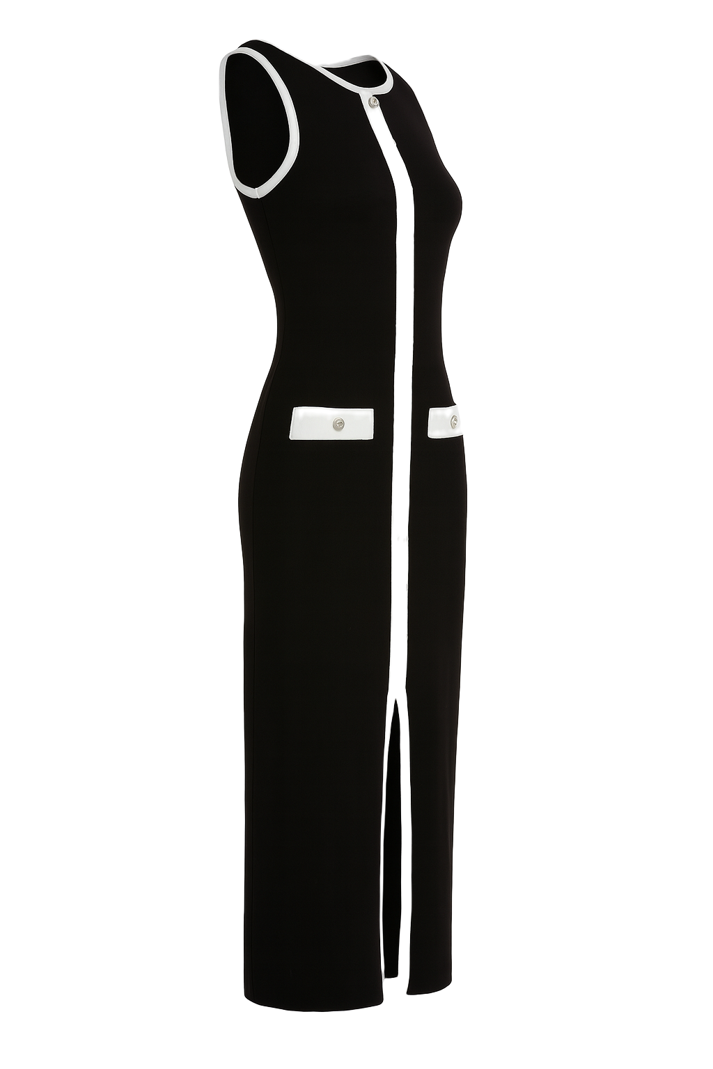 Button Accent Midi Dress - Black with White Trim - side