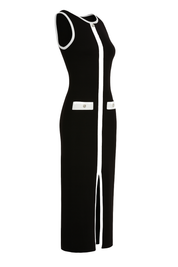 Button Accent Midi Dress - Black with White Trim - side
