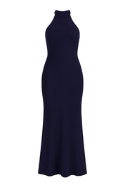 Satin Halter Maxi Dress - Navy Blue - front