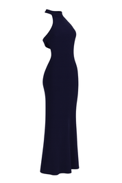 Satin Halter Maxi Dress - Navy Blue - side