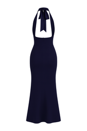 Satin Halter Maxi Dress - Navy Blue - back