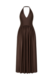 Halter Neck Ruched Maxi Dress - Chocolate Brown - front