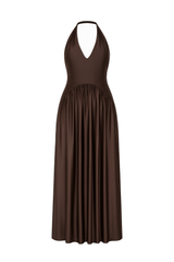 Halter Neck Ruched Maxi Dress - Chocolate Brown