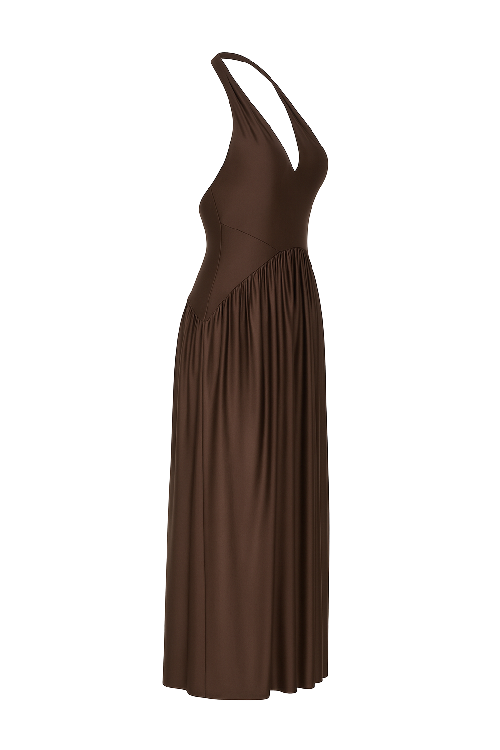 Halter Neck Ruched Maxi Dress - Chocolate Brown - side
