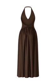 Halter Neck Ruched Maxi Dress - Chocolate Brown - back
