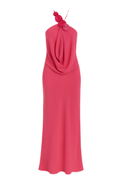 Rosette Halter Cowl Maxi Dress - Hot Pink - front