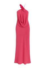 Rosette Halter Cowl Maxi Dress - Hot Pink