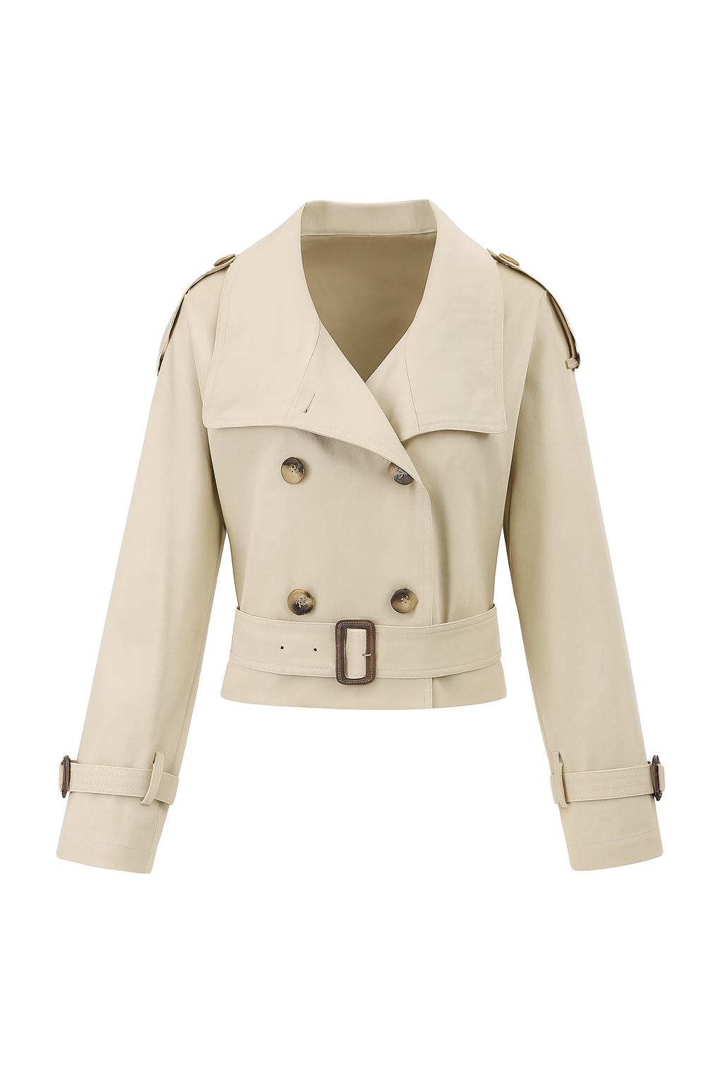 Belted Double Breasted Cropped Trench - Beige - front