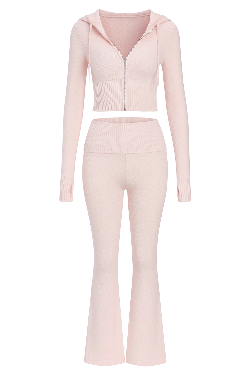 Ribbed Knit Zip Hoodie - Light Pink - front