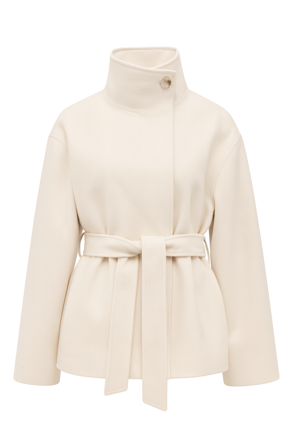 Belted High Neck Wrap Coat - Cream - front