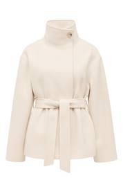 Belted High Neck Wrap Coat - Cream - front