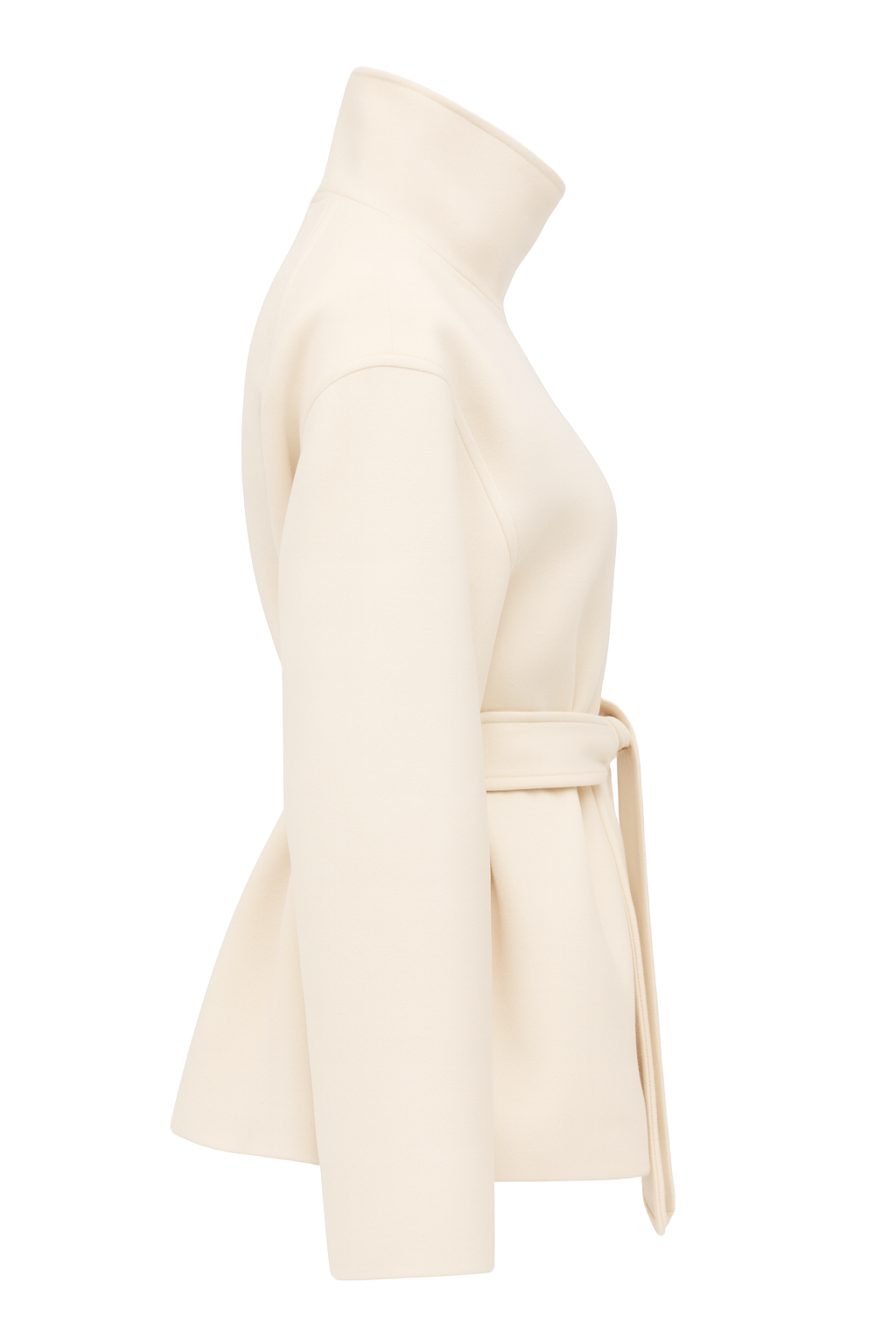 Belted High Neck Wrap Coat - Cream - side