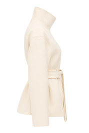Belted High Neck Wrap Coat - Cream - side
