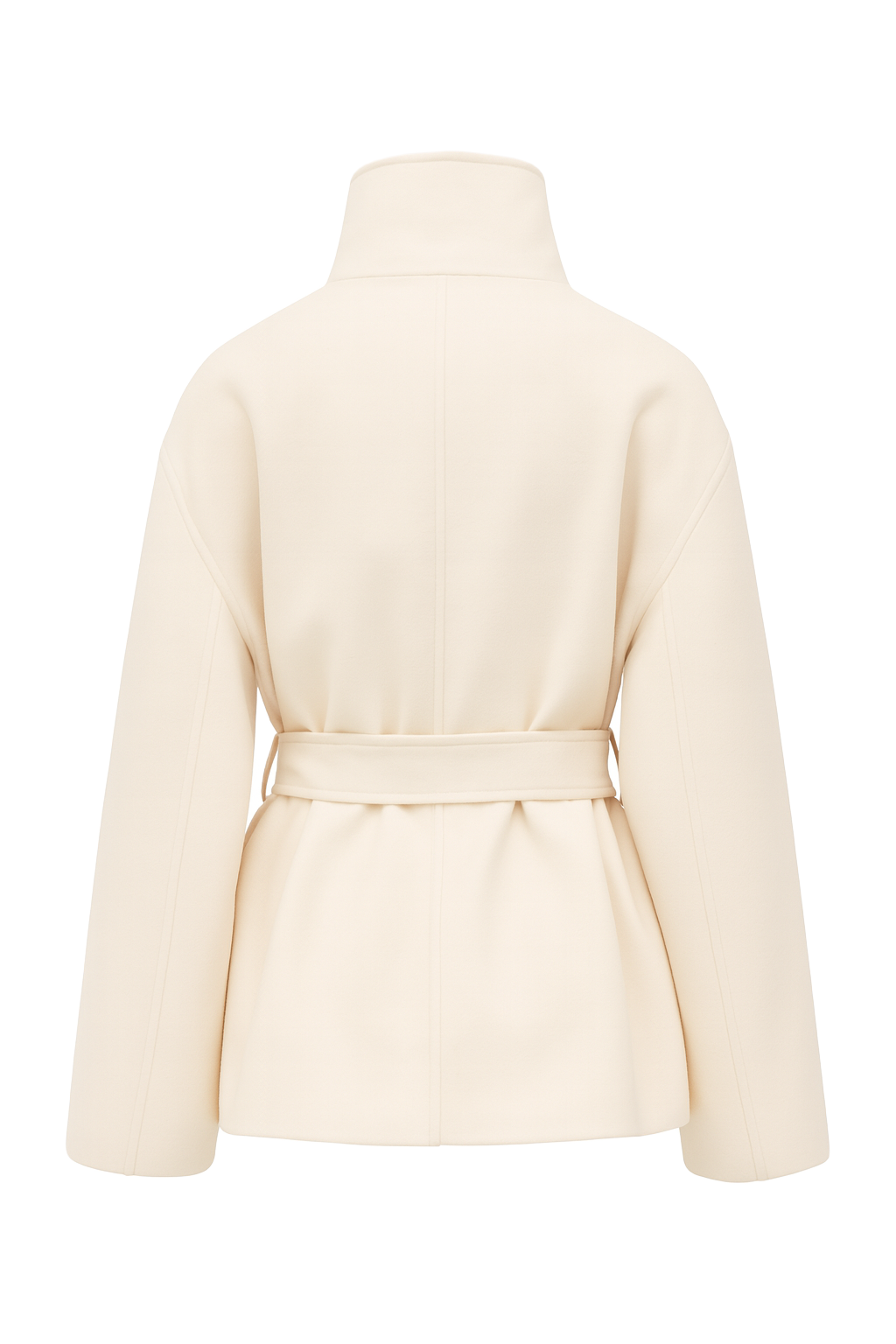 Belted High Neck Wrap Coat - Cream - back